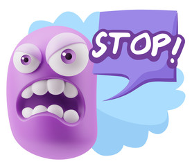 3d Illustration Angry Face Emoticon saying Stop with Colorful Sp