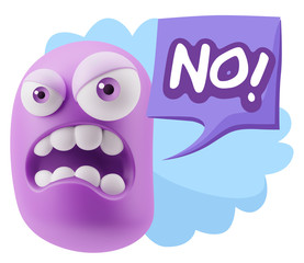 3d Illustration Angry Face Emoticon saying No with Colorful Spee