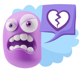 3d Illustration Angry Face Emoticon saying Heart Broken Icon wit