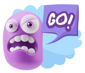 3d Illustration Angry Face Emoticon saying Go with Colorful Spee