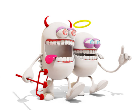 Devil and angel cartoon character having fun together, 3d render