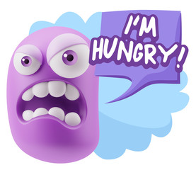 3d Illustration Angry Face Emoticon saying I'm Hungry with Color