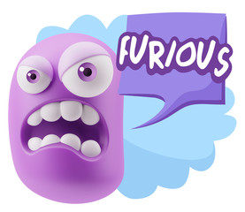 3d Illustration Angry Face Emoticon saying Furious with Colorful