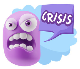 3d Illustration Angry Face Emoticon saying Crisis with Colorful
