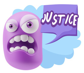 3d Illustration Angry Face Emoticon saying Justice with Colorful