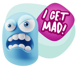 3d Illustration Angry Face Emoticon saying I Get Mad with Colorf
