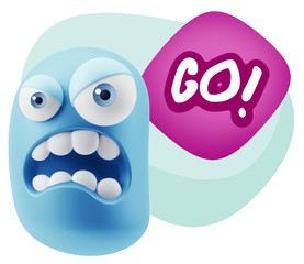 3d Illustration Angry Face Emoticon saying Go with Colorful Spee