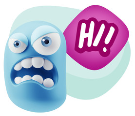 3d Illustration Angry Face Emoticon saying Hi with Colorful Spee