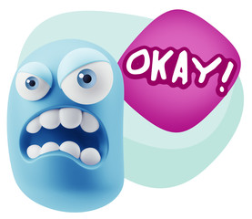 3d Illustration Angry Face Emoticon saying Okay with Colorful Sp