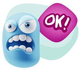 3d Illustration Angry Face Emoticon saying OK with Colorful Spee