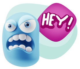 3d Illustration Angry Face Emoticon saying Hey with Colorful Spe