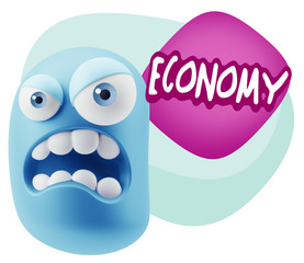 3d Illustration Angry Face Emoticon saying Economy with Colorful