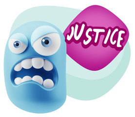 3d Illustration Angry Face Emoticon saying Justice with Colorful