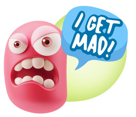 3d Illustration Angry Face Emoticon saying I Get Mad with Colorf