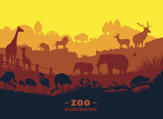Fototapeta na wymiar Zoo world illustration background, colored silhouettes elements, flat