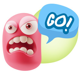 3d Illustration Angry Face Emoticon saying Go with Colorful Spee