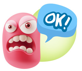 3d Illustration Angry Face Emoticon saying OK with Colorful Spee