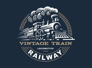 Locomotive logo illustration, vintage style emblem - obrazy, fototapety, plakaty
