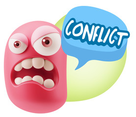 3d Illustration Angry Face Emoticon saying Conflict with Colorfu