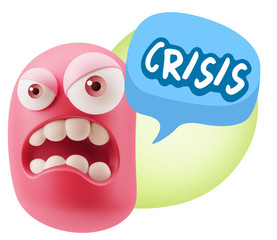 3d Illustration Angry Face Emoticon saying Crisis with Colorful