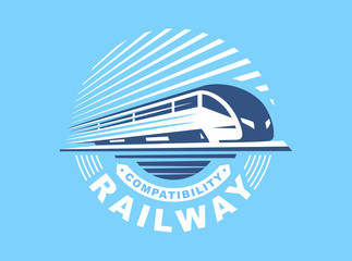 Train logo illustration on blue background, emblem