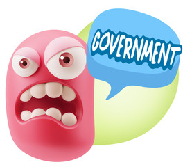 3d Illustration Angry Face Emoticon saying Government with Color