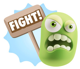 3d Illustration Angry Face Emoticon saying Fight with Colorful S