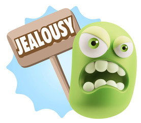 3d Illustration Angry Face Emoticon saying Jealousy with Colorfu
