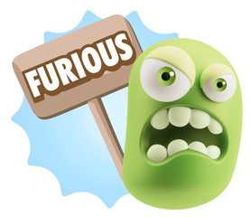 3d Illustration Angry Face Emoticon saying Furious with Colorful