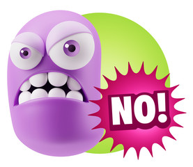3d Illustration Angry Face Emoticon saying No with Colorful Spee