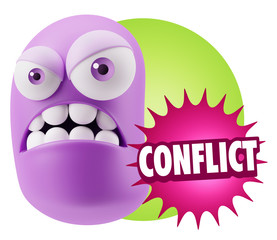 3d Illustration Angry Face Emoticon saying Conflict with Colorfu