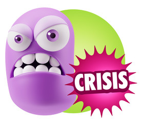 3d Illustration Angry Face Emoticon saying Crisis with Colorful