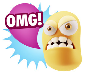 3d Illustration Angry Face Emoticon saying OMG with Colorful Spe