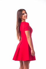 Happy smiling woman with different gesture, on white background.