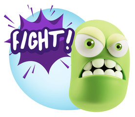 3d Illustration Angry Face Emoticon saying Fight with Colorful S