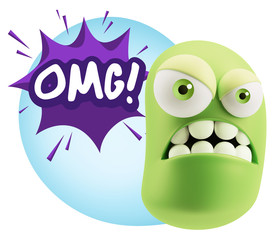 3d Illustration Angry Face Emoticon saying OMG with Colorful Spe