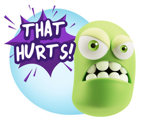 3d Illustration Angry Face Emoticon saying That Hurts with Color