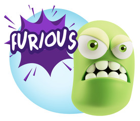 3d Illustration Angry Face Emoticon saying Furious with Colorful