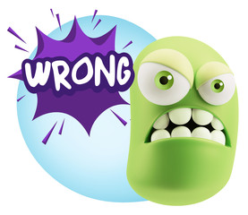 3d Illustration Angry Face Emoticon saying Wrong with Colorful S