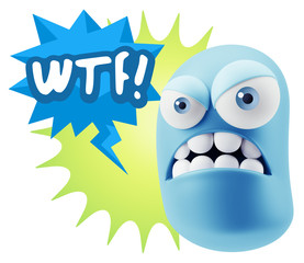 3d Illustration Angry Face Emoticon saying WTF with Colorful Spe