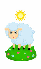 Иллюстрация на тему овечка пасётся на полянке где растут цветы