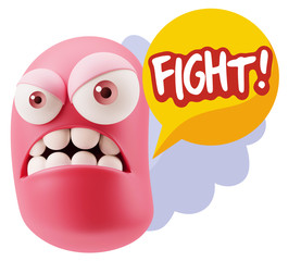 3d Illustration Angry Face Emoticon saying Fight with Colorful S