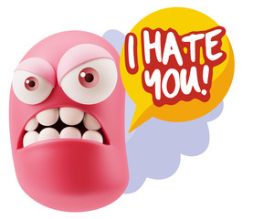 3d Illustration Angry Face Emoticon saying I Hate you with Color