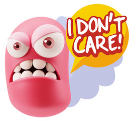 3d Illustration Angry Face Emoticon saying I Don't Care with Col