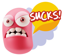 3d Illustration Angry Face Emoticon saying Sucks with Colorful S