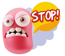 3d Illustration Angry Face Emoticon saying Stop with Colorful Sp
