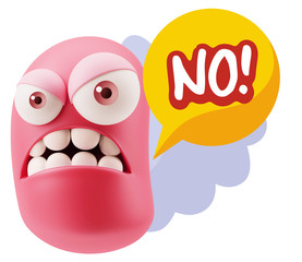 3d Illustration Angry Face Emoticon saying No with Colorful Spee