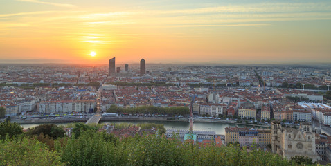 Fototapeta na wymiar The view over Lyon during sunrise from Fourviere hill, beside the famous Basilica here.