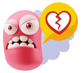 3d Illustration Angry Face Emoticon saying Heart Broken Icon wit