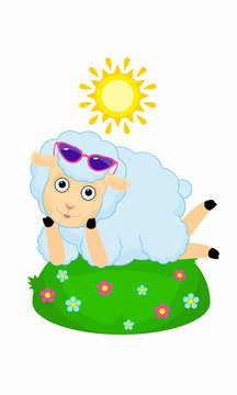 Иллюстрация на тему овечка отдыхает на полянке где растут цветы